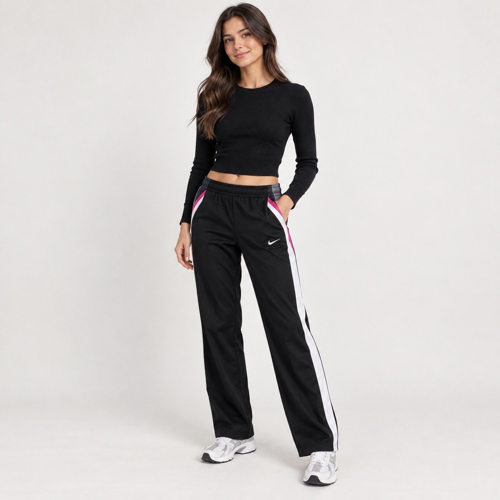 Nike Womens Track Pants Black Pink White Stripe Straight Leg Y2K Athleisure L